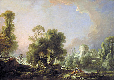 Idyllische Landschaft mit Angelnder | Boucher | Gemälde Reproduktion