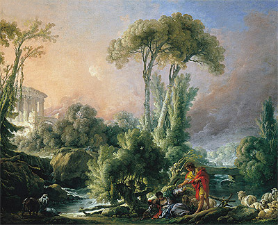 Flusslandschaft mit antikem Tempel | Boucher | Gemälde Reproduktion