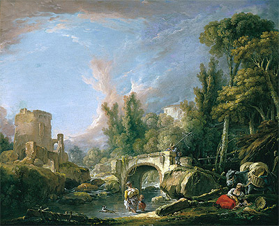 Flusslandschaft mit Ruine und Brücke | Boucher | Gemälde Reproduktion