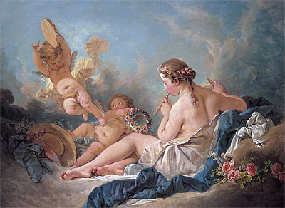 Die Muse Euterpe (eine ruhende Nymphe spielt die Flöte mit Putti) | Boucher | Gemälde Reproduktion