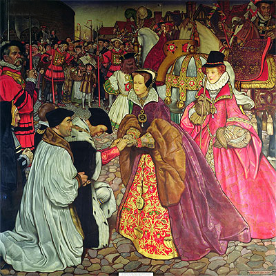 Entry of Queen Mary I with Princess Elizabeth ..., 1910 by Frank Cadogan Cowper | Painting Reproduction