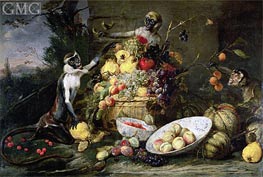 Three Monkeys Stealing Fruit, 1640 by Frans Snyders | Painting Reproduction