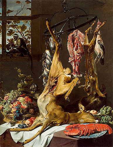 Stillleben mit Wild, an Haken aufgehängt, mit Hummer und zwei Affen | Frans Snyders | Gemälde Reproduktion
