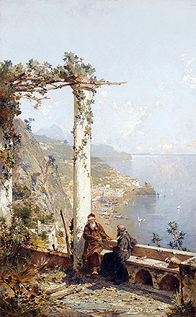 Kapuzinermönche eines Klosters bei Amalfi hoch über dem Golf, undated | Unterberger | Gemälde Reproduktion