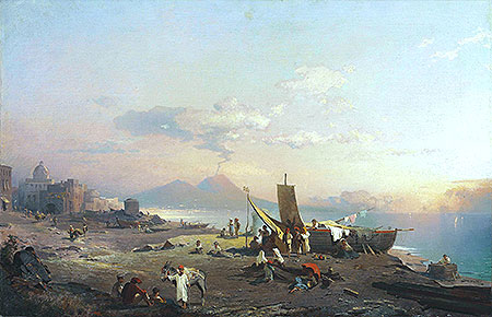 Fisherfolk on the Shore, Vesuvius beyond | Unterberger | Painting Reproduction