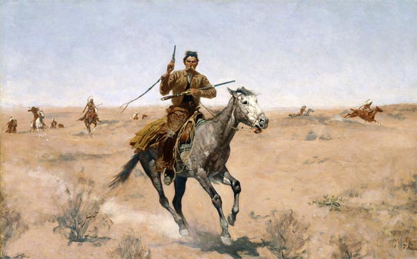 The Flight (A Sage-Brush Pioneer), 1895 | Frederic Remington | Painting Reproduction