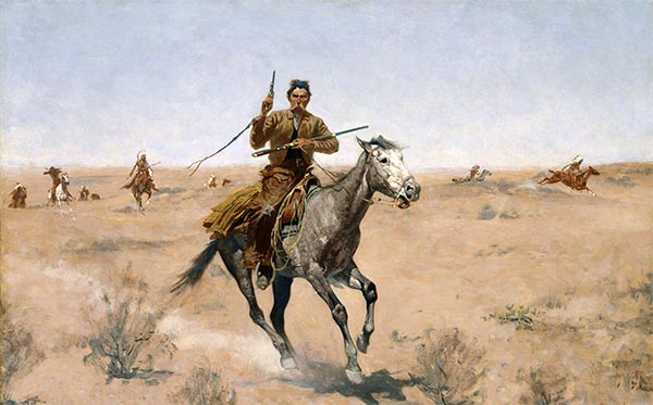 The Flight (A Sage-Brush Pioneer), 1895 by Frederic Remington | Painting Reproduction