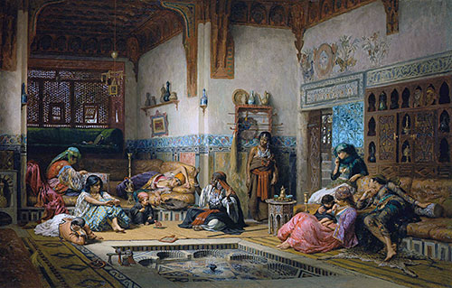 Der nubische Geschichtenerzähler im Harem, 1875 | Frederick Arthur Bridgman | Gemälde Reproduktion