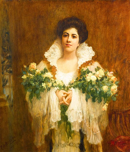 Eine Dame hält einen Strauß gelber Rosen, 1903 | Frederick Arthur Bridgman | Gemälde Reproduktion