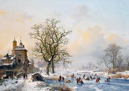 Winter Landscape with Skaters near a Castle, undated by Kruseman | Painting Reproduction