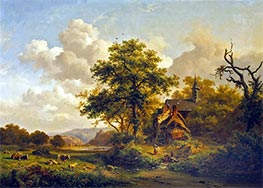 A Tranquil Landscape with Women Washing by a Stream and Cattle and Sheep Resting, 1858 by Kruseman | Painting Reproduction