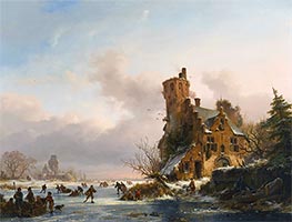 A Frozen Winter Landscape with Skaters on a River, 1854 by Kruseman | Painting Reproduction