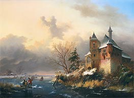 Winter Landscape with Skaters near a Castle, 1849 by Kruseman | Painting Reproduction