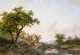 Sommerlandschaft mit Rindern in der Nähe eines Flusses, 1868 von Kruseman | Gemälde-Reproduktion