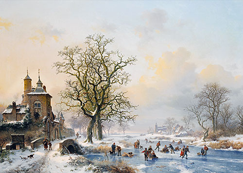 Winter Landscape with Skaters near a Castle, n.d. by Kruseman | Painting Reproduction