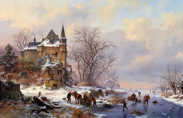 Winter Landscape with Skaters in front of a Castle, 1871 by Kruseman | Painting Reproduction