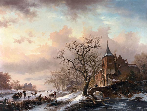 Schloss in einer Winterlandschaft und Schlittschuhläufer auf einem gefrorenen Fluss, 1855 | Kruseman | Gemälde Reproduktion