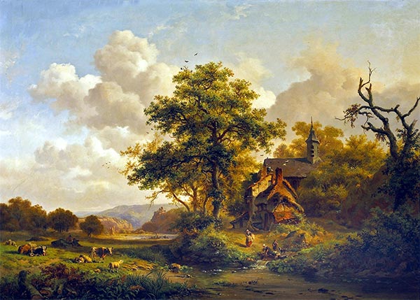 A Tranquil Landscape with Women Washing by a Stream and Cattle and Sheep Resting, 1858 | Kruseman | Painting Reproduction