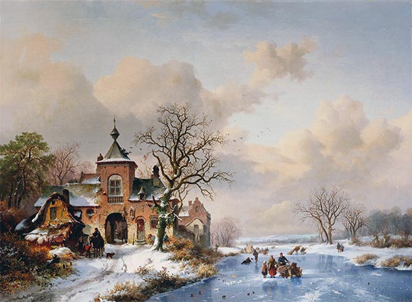 Frozen Waterway beside a Castle, 1859 by Kruseman | Painting Reproduction