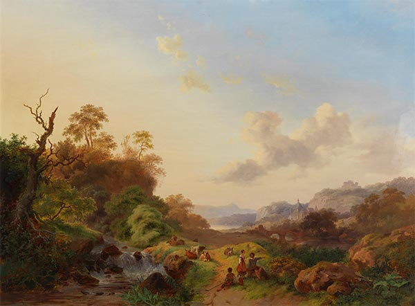 Summer Landscape with Figures and Cattle near a ..., 1849 by Kruseman | Painting Reproduction