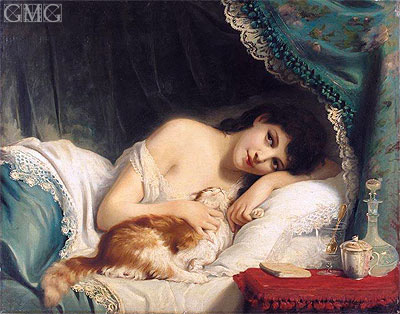 A Reclining Beauty with Her Cat, n.d. by Zuber-Buhler | Painting Reproduction