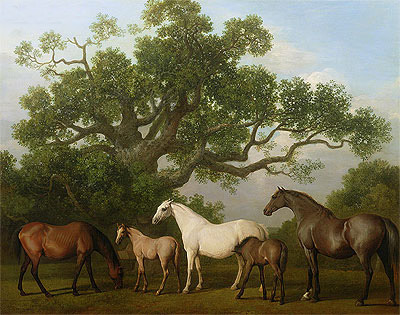 Mares and Foals under an Oak Tree, 1773 by George Stubbs | Painting Reproduction