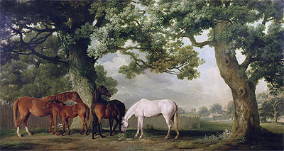 Mares and Foals Beneath Large Oak Trees, c.1764/68 | George Stubbs | Painting Reproduction