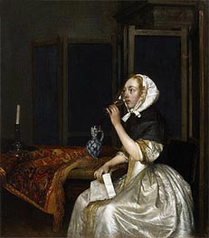 Young Woman with a Glass of Vine,  Holding a Letter in her Hand, c.1665 by Gerard ter Borch | Painting Reproduction