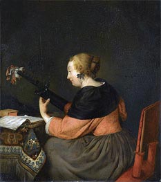 A Lady Seated at a Table Playing a Lute | Gerard ter Borch | Painting Reproduction