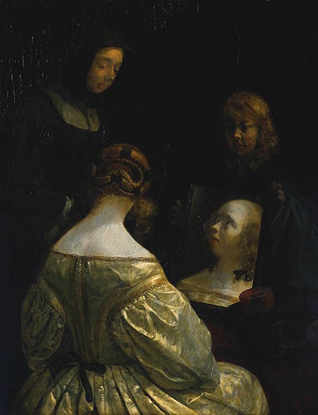 Woman at a Mirror, c.1650 | Gerard ter Borch | Painting Reproduction