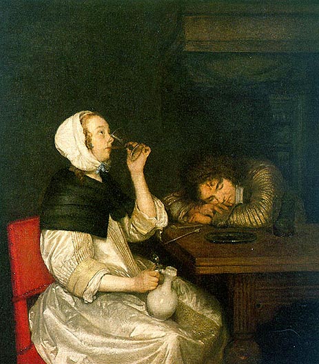 Woman Drinking with Sleeping Soldier, early 1660 | Gerard ter Borch | Painting Reproduction