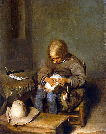 Boy Ridding his Dog of Fleas, c.1665 | Gerard ter Borch | Painting Reproduction