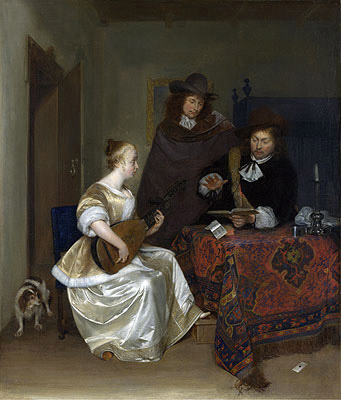 A Woman Playing a Theorbo to Two Men, c.1667/68 | Gerard ter Borch | Painting Reproduction