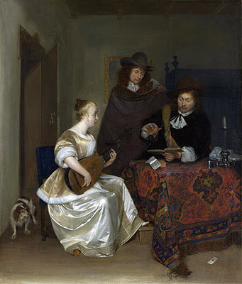 Eine Frau spielt eine Theorbe für zwei Männer, c.1667/68 | Gerard ter Borch