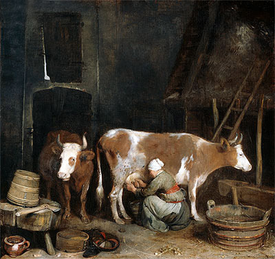 A Maid Milking a Cow in a Barn, c.1652/54  | Gerard ter Borch | Painting Reproduction