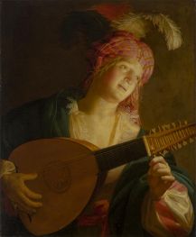 Girl with a Lute by Candlelight, c.1620/25 by Gerrit van Honthorst | Painting Reproduction