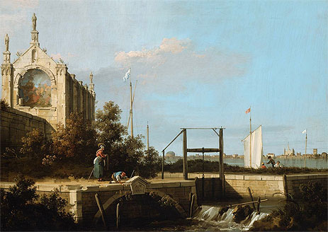 Capriccio: A Sluice on a River with a Chapel, 1754 | Canaletto | Painting Reproduction