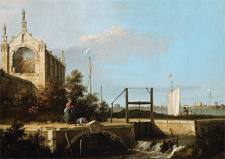Capriccio: A Sluice on a River with a Chapel, 1754 | Canaletto