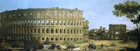 Rom: Blick auf das Kolosseum und den Konstantinsbogen, 1743 von Canaletto | Gemälde-Reproduktion