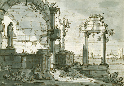 Ein Capriccio von Kirchenruinen an den Ufern der Lagune, c.1740/45 von Canaletto | Gemälde-Reproduktion