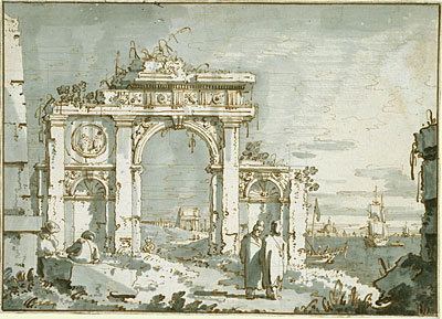 Ein Capriccio eines zerstörten Bogens an den ..., c.1740/45 von Canaletto | Gemälde-Reproduktion