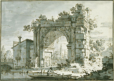Ein Capriccio mit einem römischen Bogen, c.1742/45 von Canaletto | Gemälde-Reproduktion