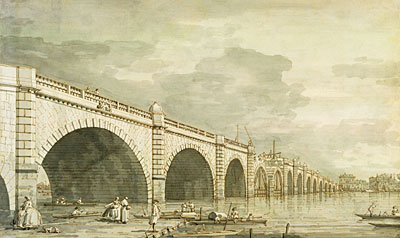 London: Westminster Bridge under Construction, c.1750 | Canaletto | Gemälde Reproduktion