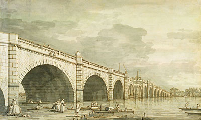 London: Westminster Bridge im Bau, c.1750 von Canaletto | Gemälde-Reproduktion