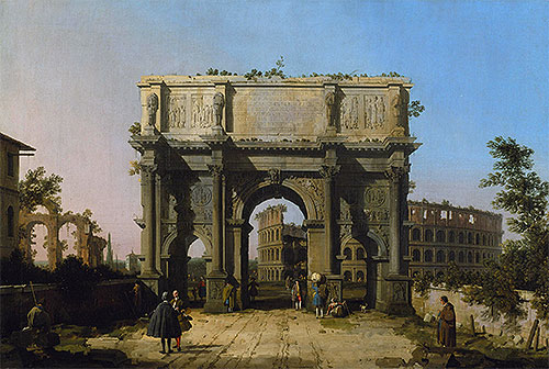 Blick auf den Konstantinsbogen mit dem Kolosseum, c.1742/45 von Canaletto | Gemälde-Reproduktion