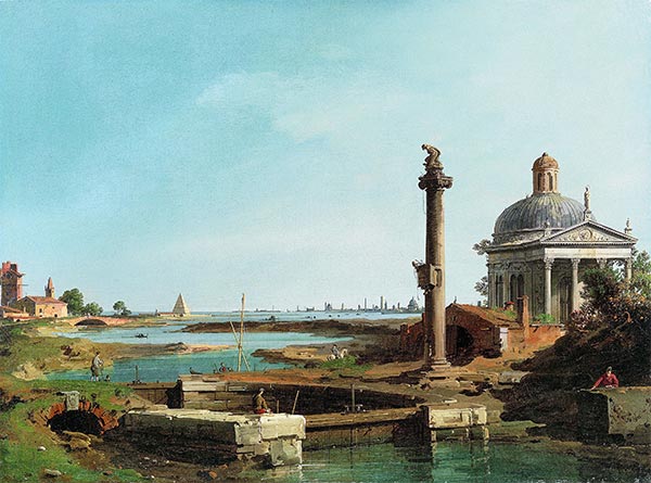 A Lock, a Column, and a Church beside a Lagoon | Canaletto | Painting Reproduction