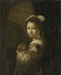 Ein kleines Mädchen mit einem Welpen im Arm, c.1635/39 von Govert Flinck | Gemälde-Reproduktion