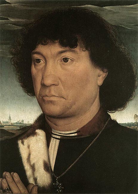 Portrait of a Man at Prayer before a Landscape, c.1485/90 by Hans Memling | Painting Reproduction