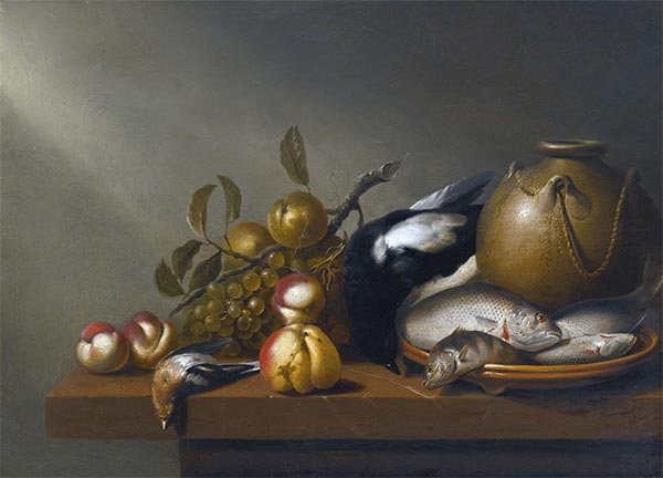 Stillleben mit Früchten, Fisch auf einer Steingutplatte, c.1640 | Harmen Steenwijck | Gemälde Reproduktion