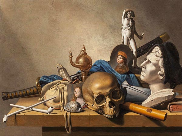 A Vanitas Still Life with a Bust, a standing Sculpture and  Skull, c.1650 | Harmen Steenwijck | Painting Reproduction